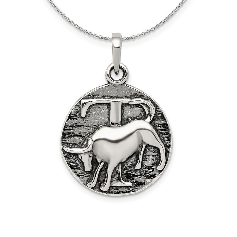 Silver Taurus The Bull Zodiac Embossed Circle Necklace - 20 In